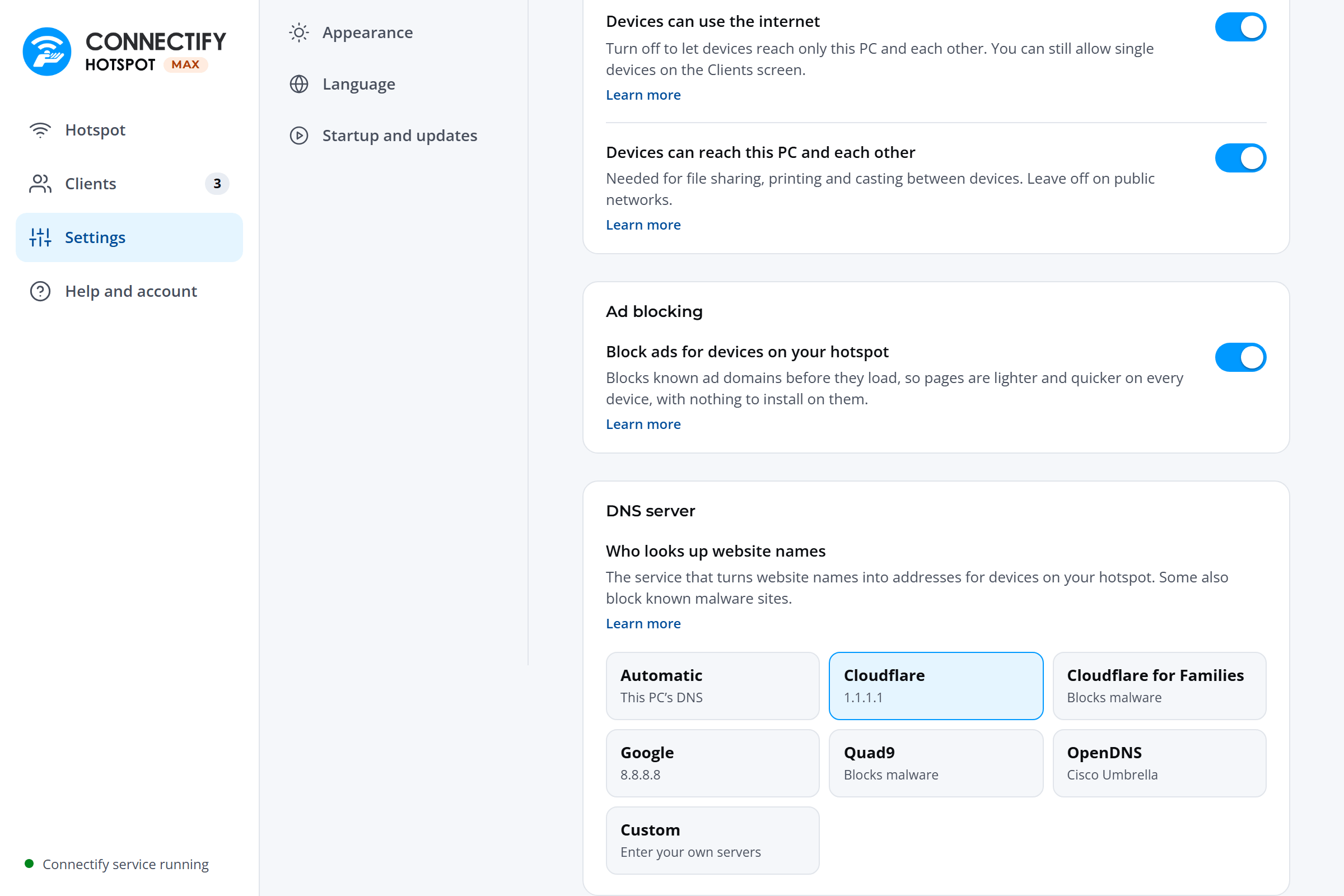 Security and privacy settings with switches for internet and local access, ad blocking, and a DNS server picker listing Automatic, Cloudflare, Cloudflare for Families, Google, Quad9, OpenDNS and Custom.