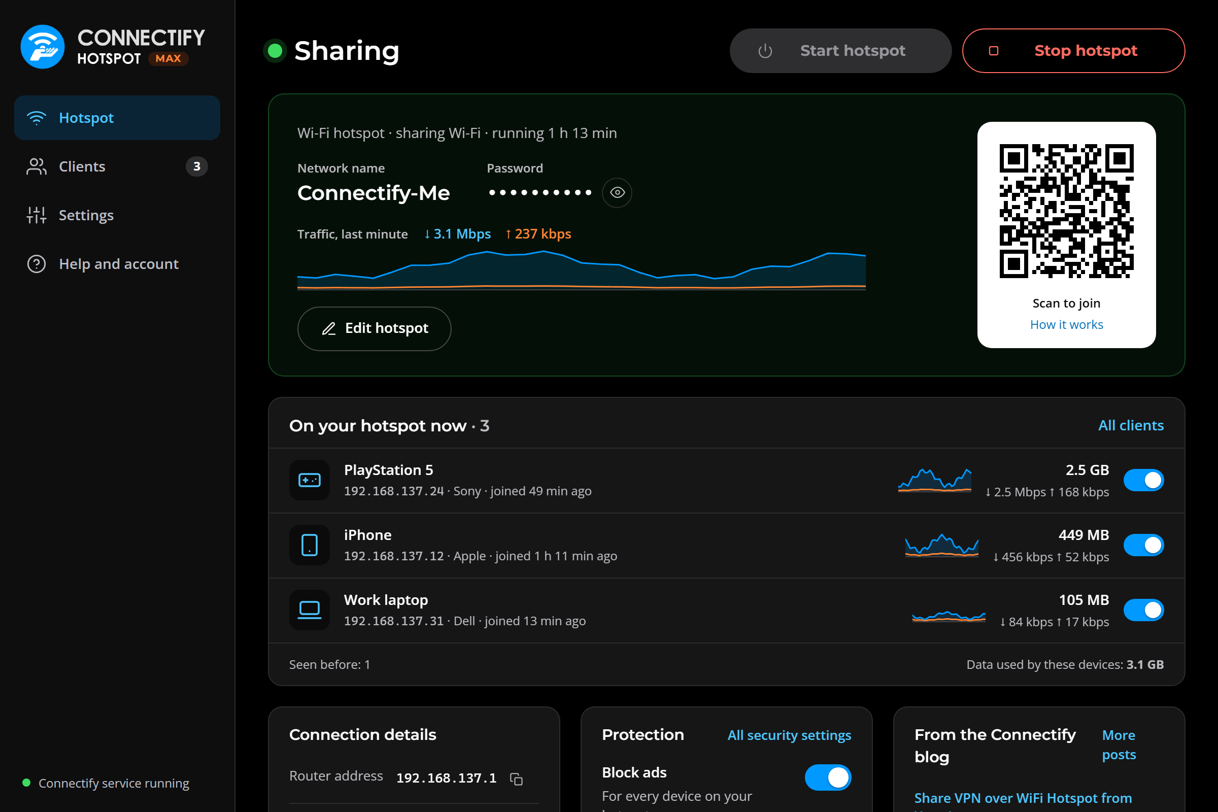 Connectify Hotspot 27 in dark mode while sharing, with the network name and password, a QR code to join, a one-minute traffic graph, and three connected devices.